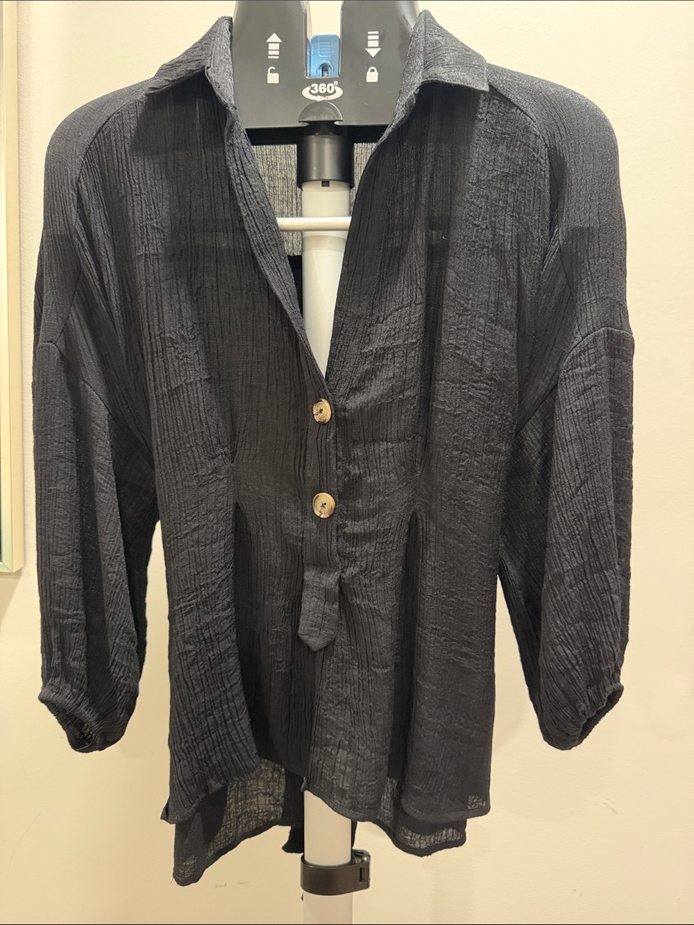Women She + Sky Black Textured Button Front Blouse